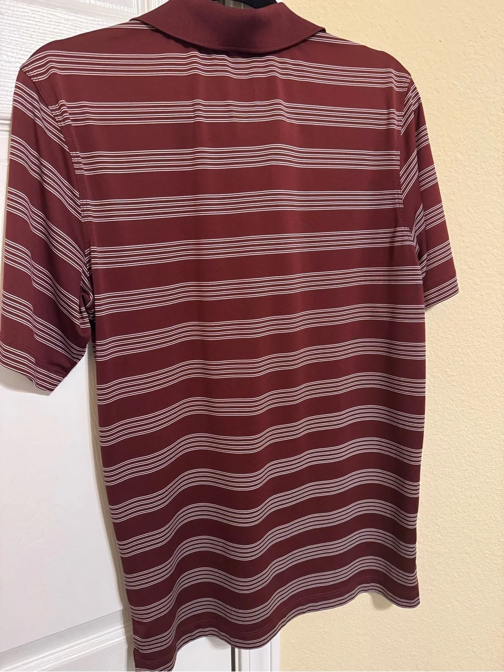 Nike Men's Maroon and White Striped Dri-FIT Polo